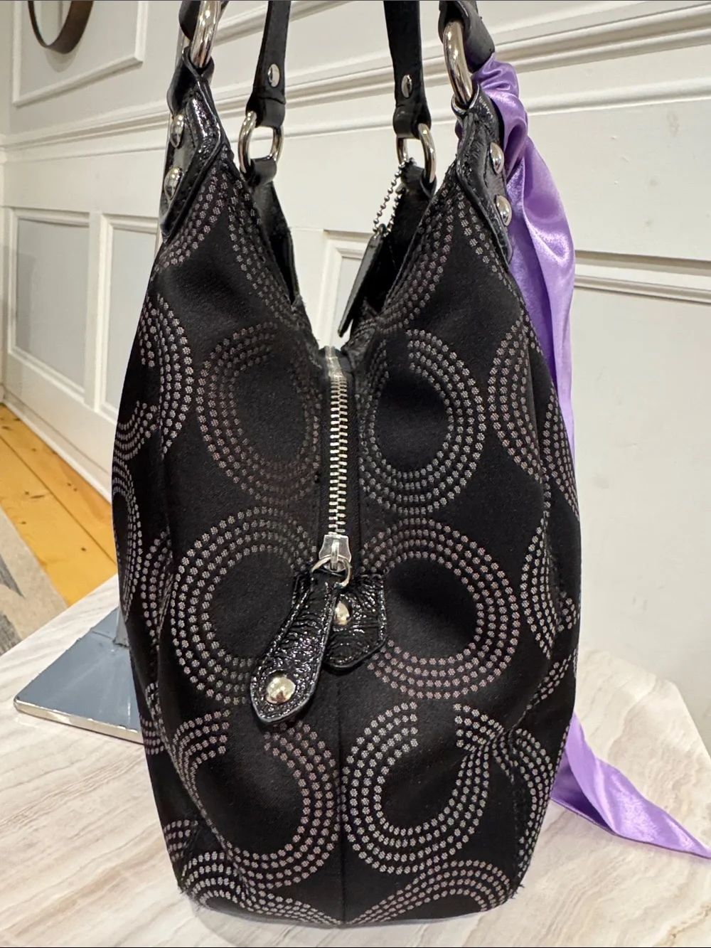 Coach Bag Ashley Dotted Op Art Black Signature Logo Hobo Shoulder Bag